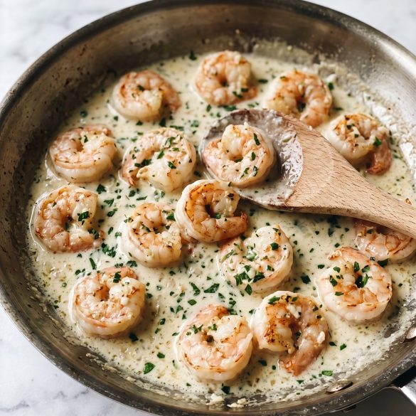 A skillet of seared shrimp in a creamy garlic Parmesan sauce with chopped parsley