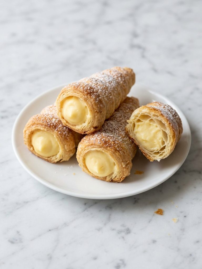 Close view of puff pastry horns filled with thick vanilla pastry cream
