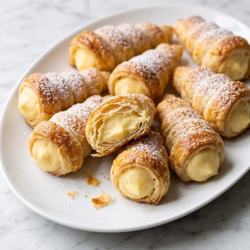 A plate of golden puff pastry cream horns filled with vanilla pastry cream and dusted with powdered sugar