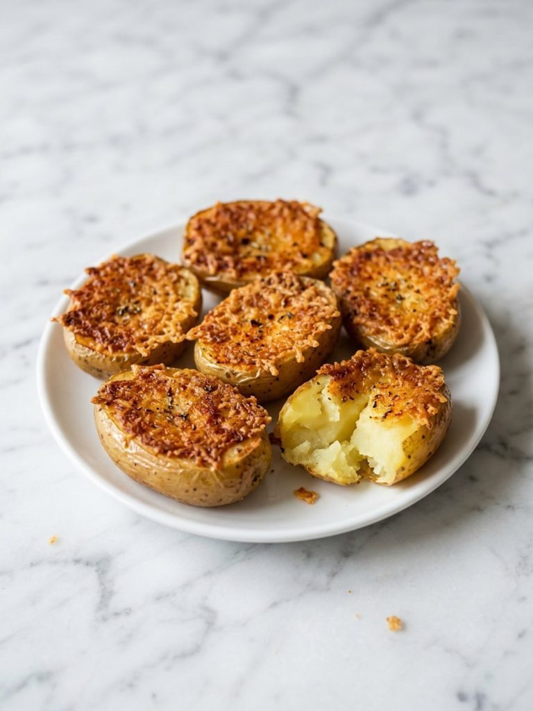 Close view of baby potato halves with a golden lacy Parmesan crust