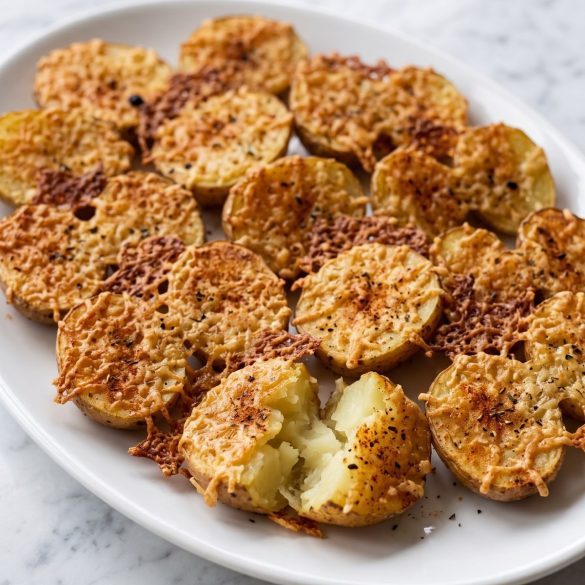 Halved baby potatoes with a deep golden crispy Parmesan crust on a white platter