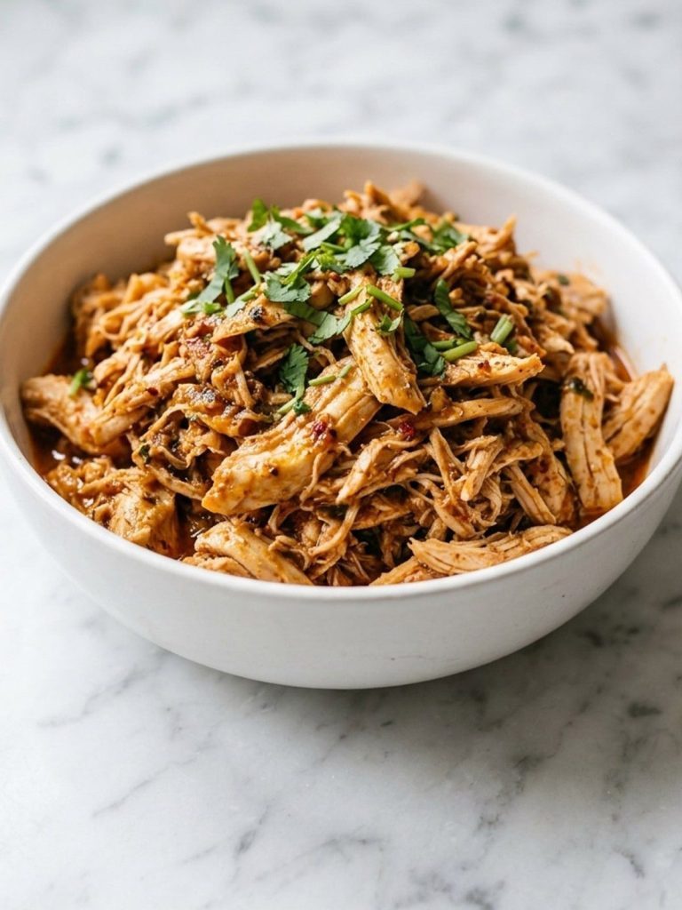 A bowl of juicy taco-seasoned shredded chicken