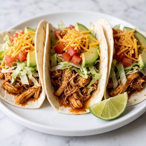 Three soft tortilla tacos filled with juicy taco-seasoned shredded chicken, lettuce, tomato, avocado and cheese on a white plate