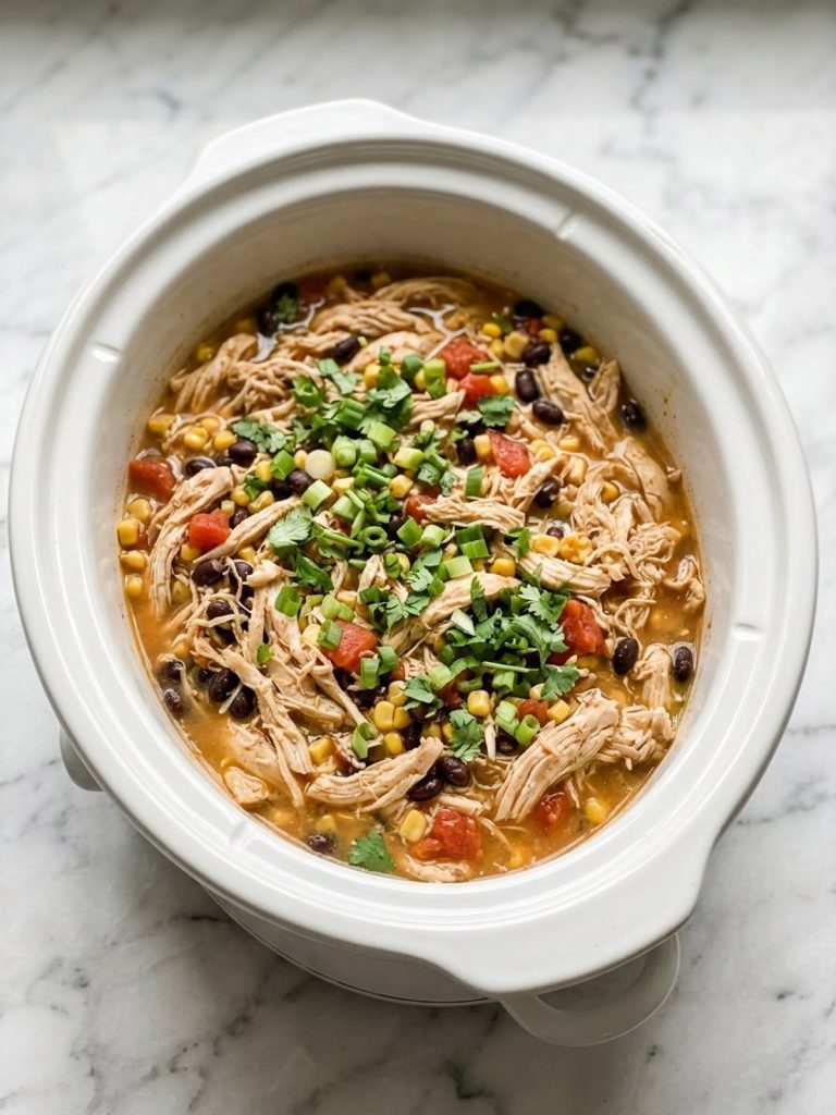 A slow cooker insert of shredded chicken with black beans, corn and tomatoes