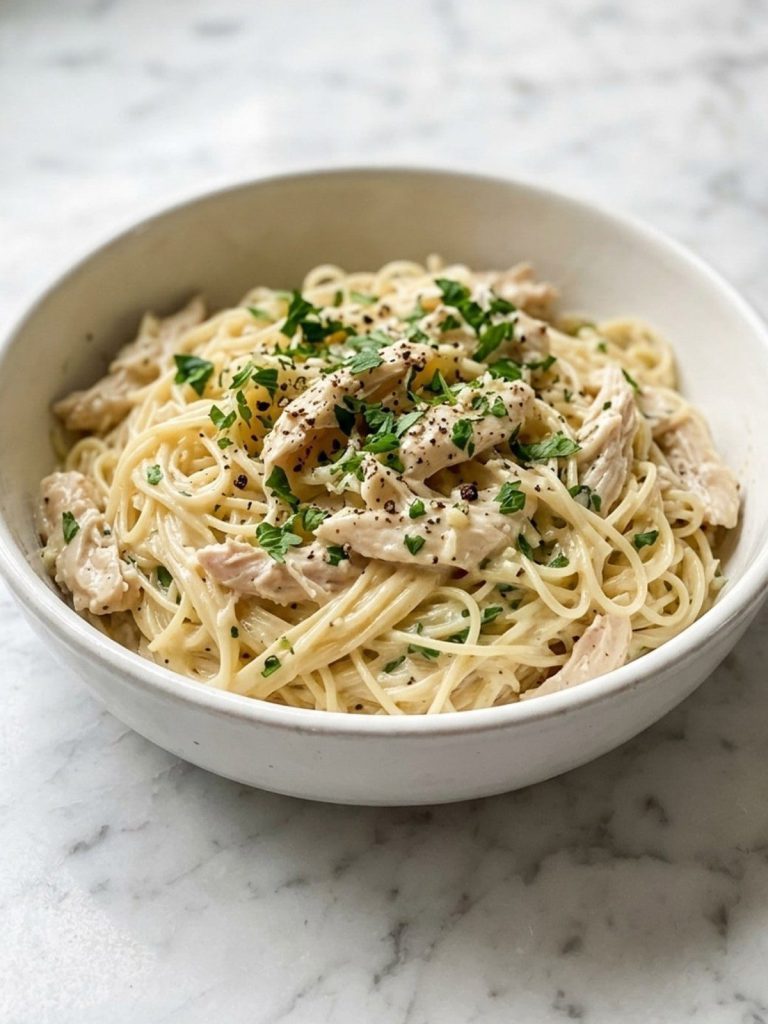 Close view of shredded angel chicken tossed with angel hair in a creamy sauce