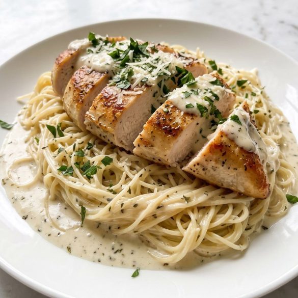 A plate of angel hair pasta topped with a tender chicken breast in a creamy Italian sauce with parsley and Parmesan