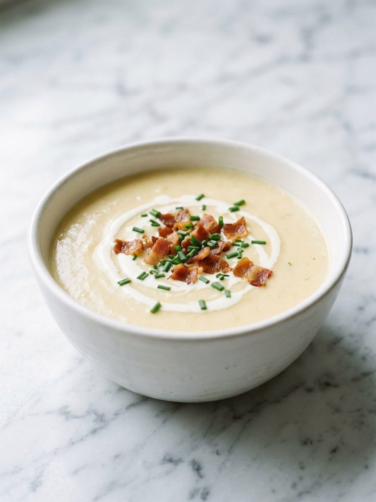 A full bowl of smooth cheesy cauliflower soup with chives