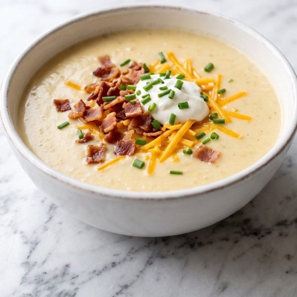 Smooth creamy cauliflower cheddar soup topped with bacon and chives in a white bowl