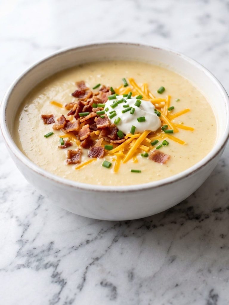 Smooth creamy cauliflower cheddar soup topped with bacon and chives in a white bowl