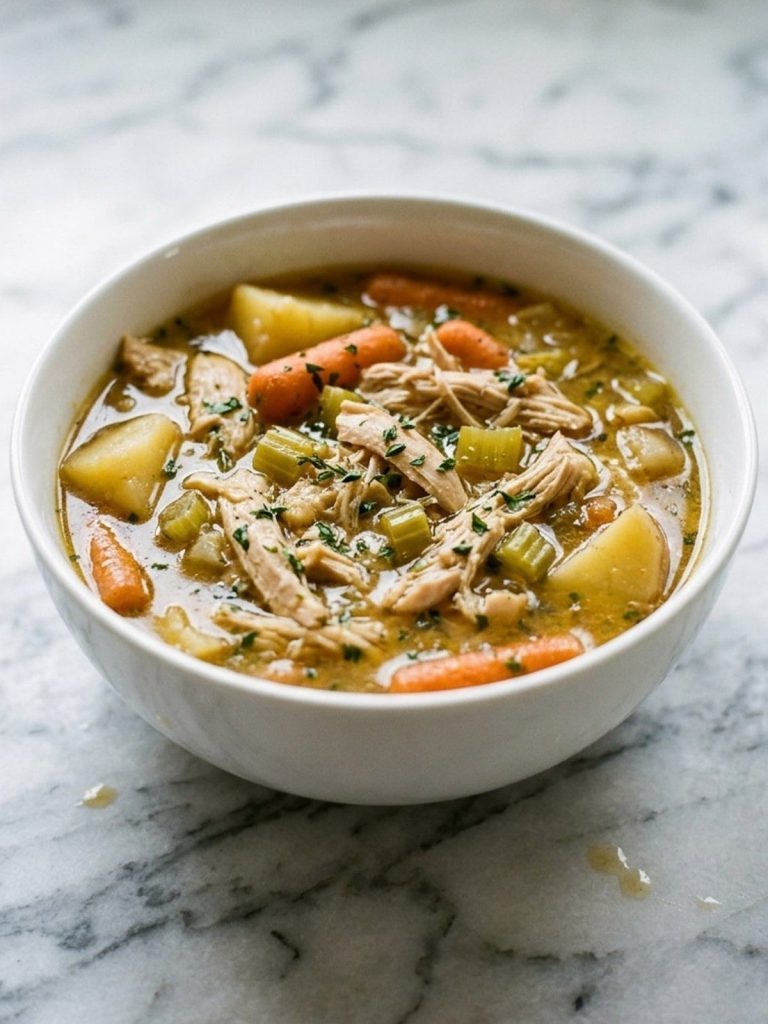 Close view of shredded chicken, potatoes and carrots in a thick stew