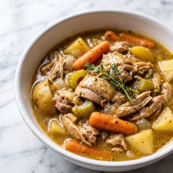 A bowl of chicken and potato stew with shredded chicken, potato chunks, baby carrots and celery in a thick broth