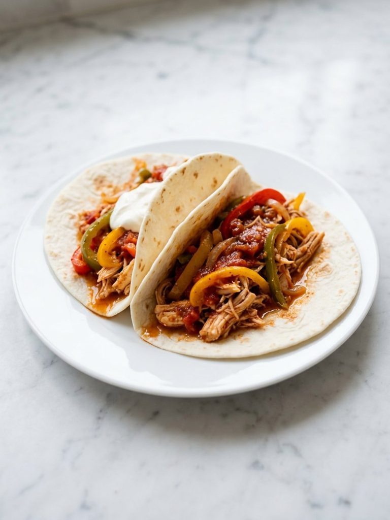 Two flour tortillas filled with shredded chicken fajita filling and peppers on a white plate