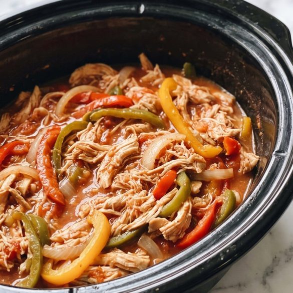 Shredded chicken fajita filling with red, yellow and green peppers and onions in a black slow cooker