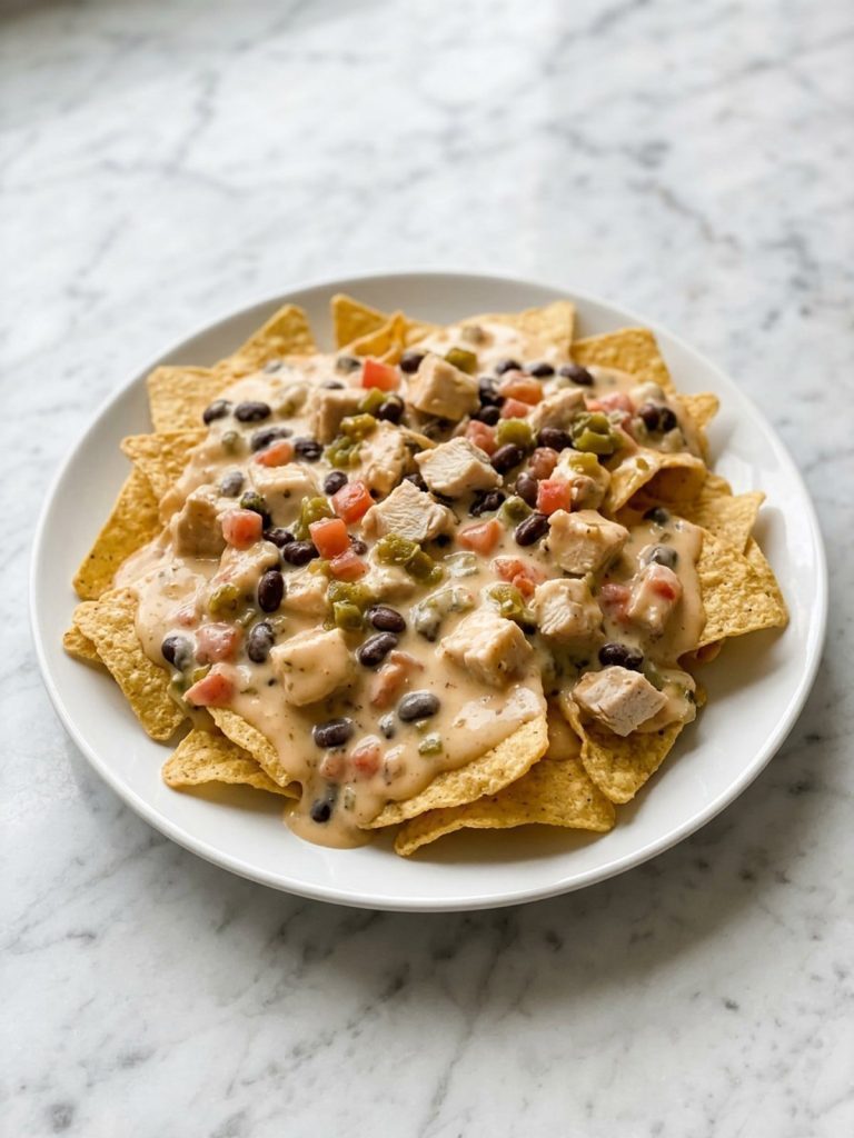 Close view of creamy chicken filling with black beans spooned over tortilla chips