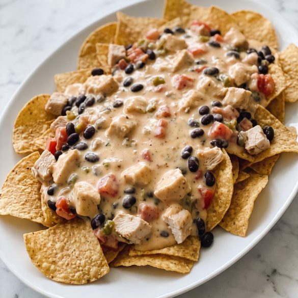A platter of tortilla chips covered with creamy chicken, black beans and tomatoes