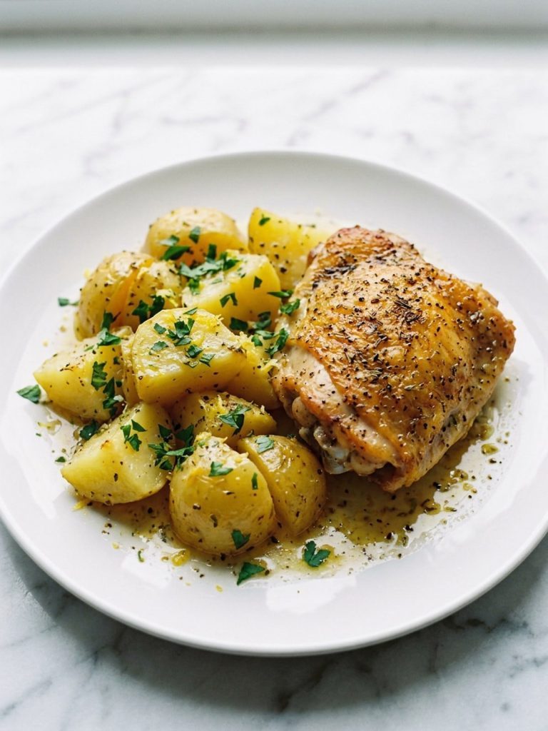 A chicken thigh with lemony yellow potatoes and parsley on a white plate