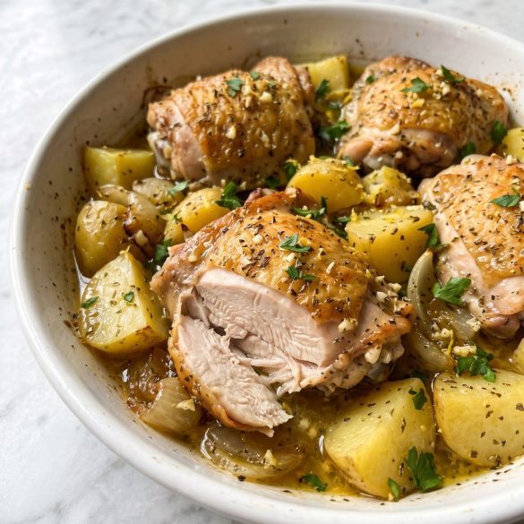 Lemon herb chicken thighs over chunky yellow potatoes in a white serving dish