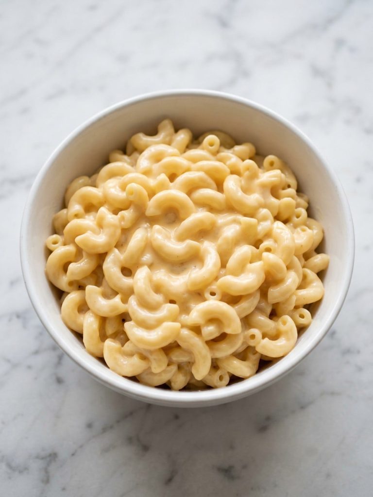 A white bowl full of creamy crockpot mac and cheese with thick cheddar sauce