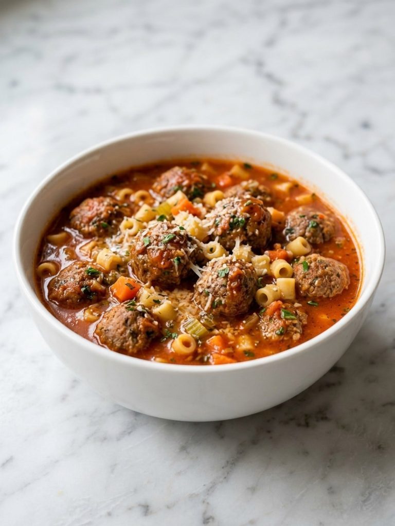 Close view of meatballs, ditalini and vegetables in tomato broth
