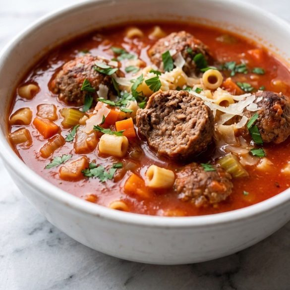A bowl of meatball soup with beef meatballs, ditalini, carrots and celery in tomato broth, topped with Parmesan and parsley
