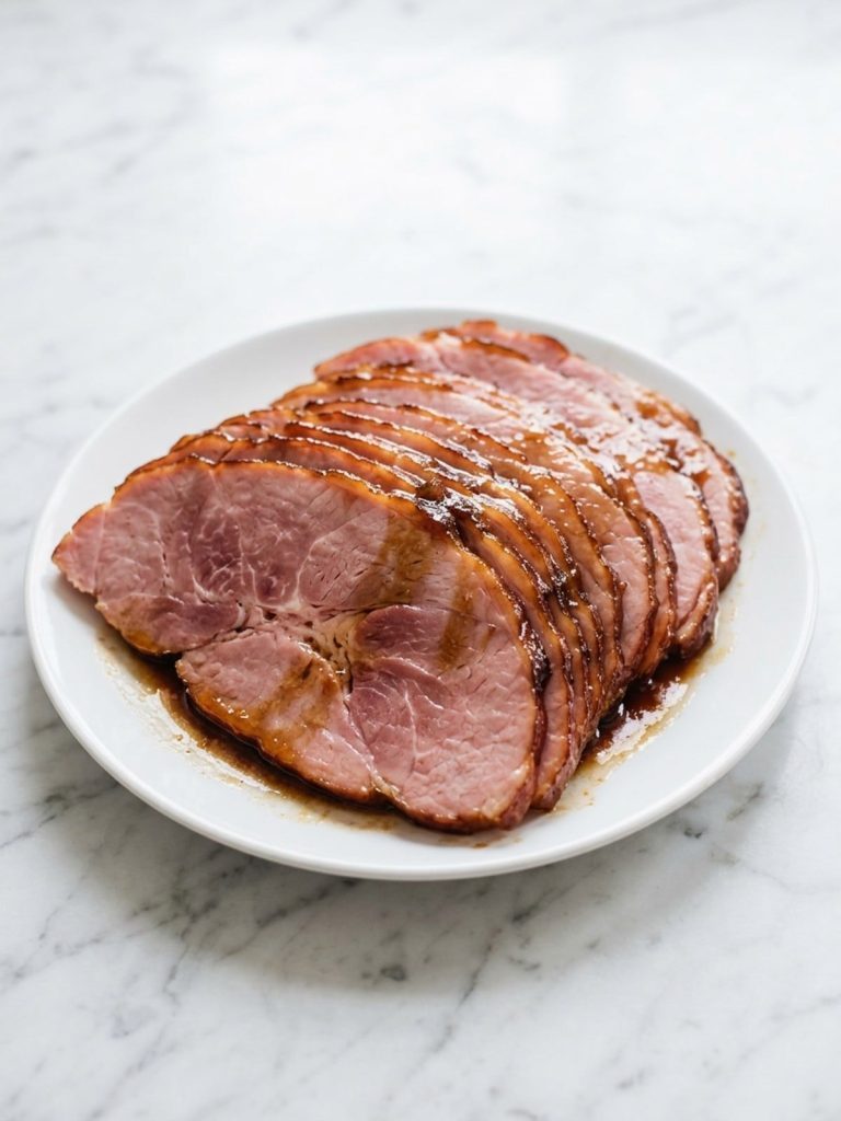 Juicy glazed spiral ham slices on a white plate with brown sugar glaze
