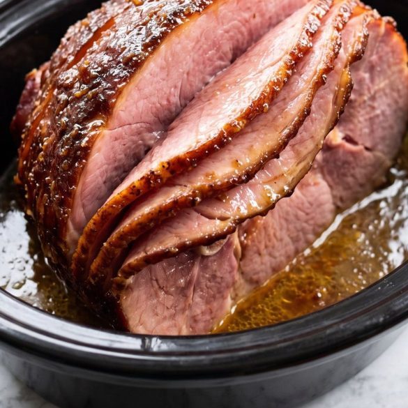 Glazed spiral ham in a black slow cooker with brown sugar and pineapple juices