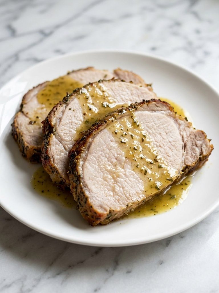 Thick slices of roast pork shoulder with citrus herb mojo sauce spooned over them