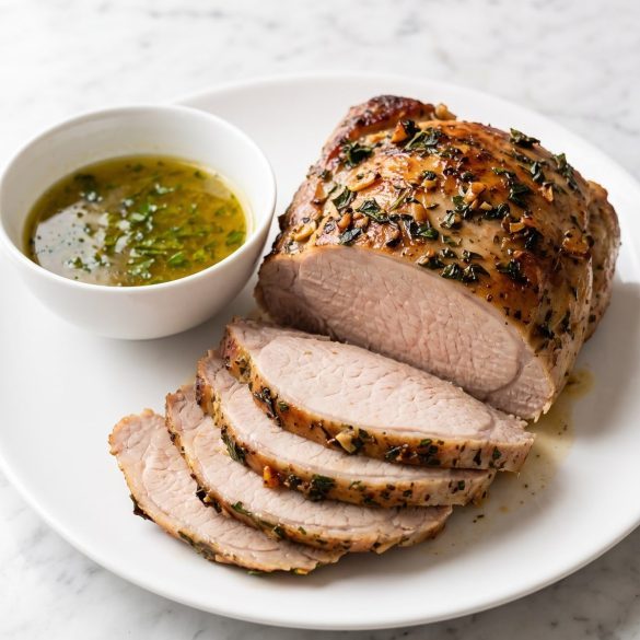 A roasted mojo pork shoulder carved into thick slices with a small bowl of citrus sauce