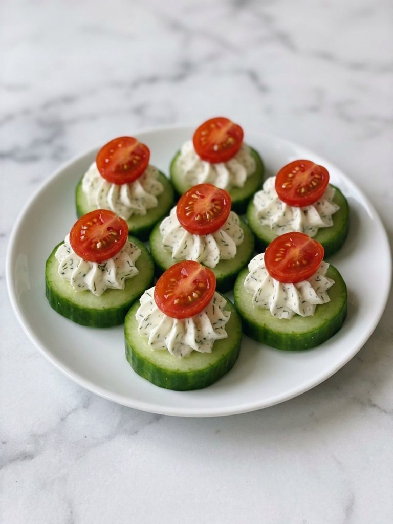 Close view of cucumber rounds with swirled dill cream cheese and cherry tomato halves