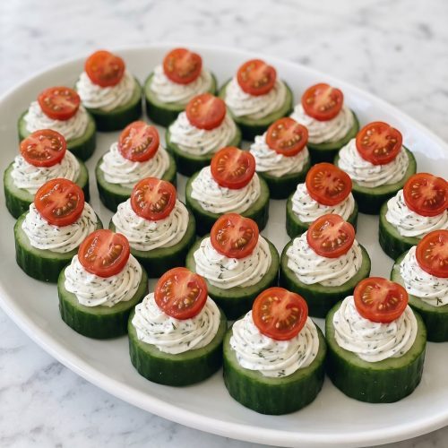 A platter of cucumber rounds filled with piped herb cream cheese and topped with cherry tomato halves