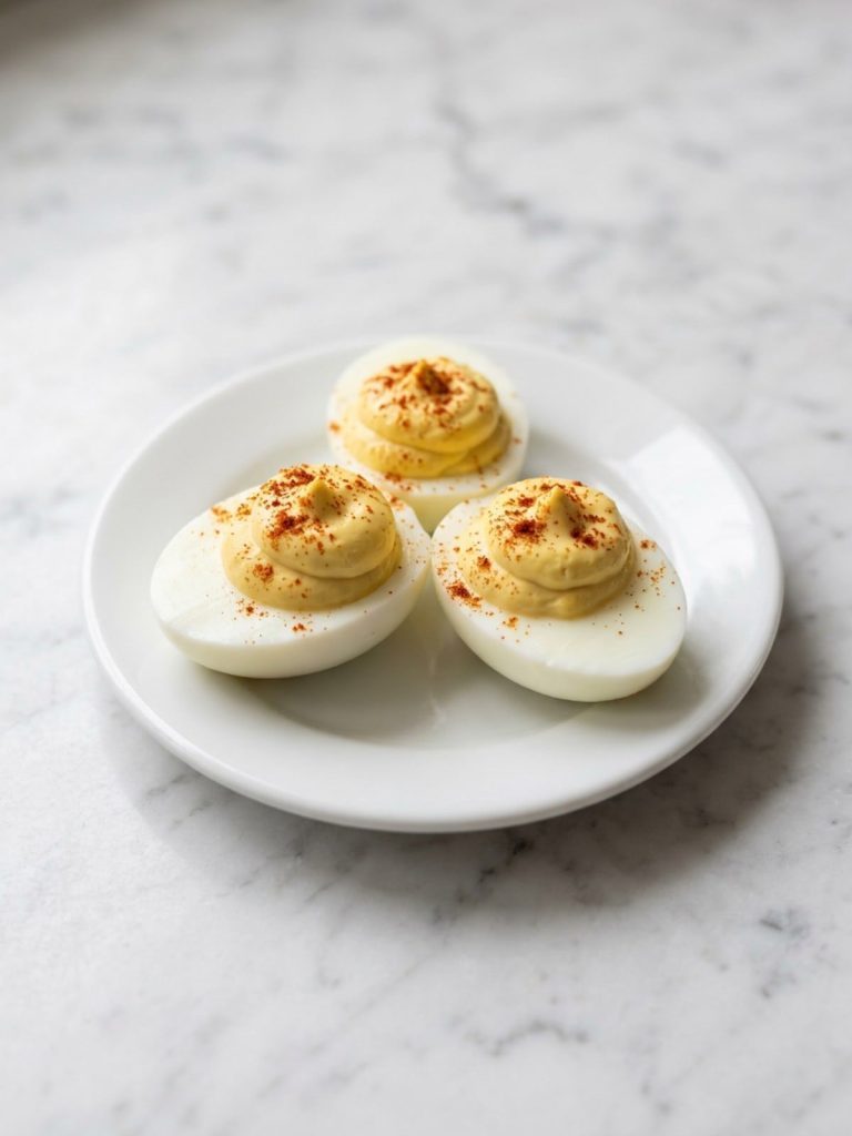 Close view of deviled egg halves with creamy yolk filling and smoked paprika