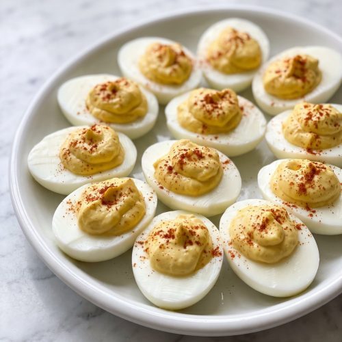A white platter of classic deviled eggs with creamy yellow filling and paprika