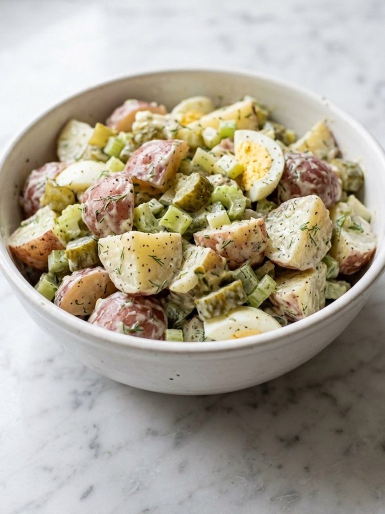 Close view of red potato salad with dill pickles and fresh dill