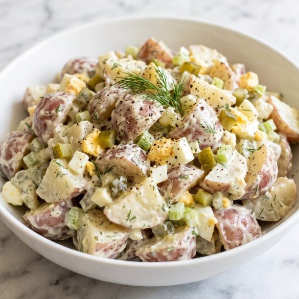 A white bowl of creamy red potato salad with chopped dill pickles, celery, egg and fresh dill
