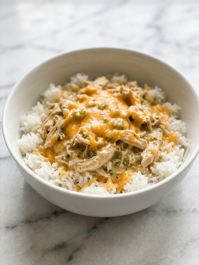 Creamy green chile chicken with melted cheddar spooned over white rice in a bowl