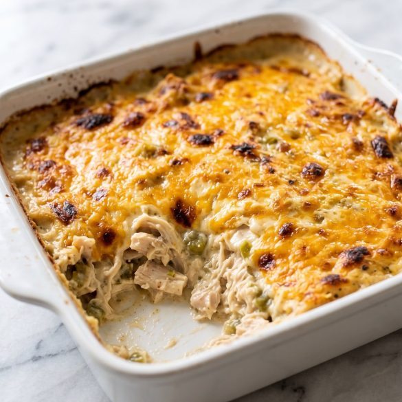 Creamy green chile chicken casserole with bubbly cheddar in a square baking dish, a scoop taken out