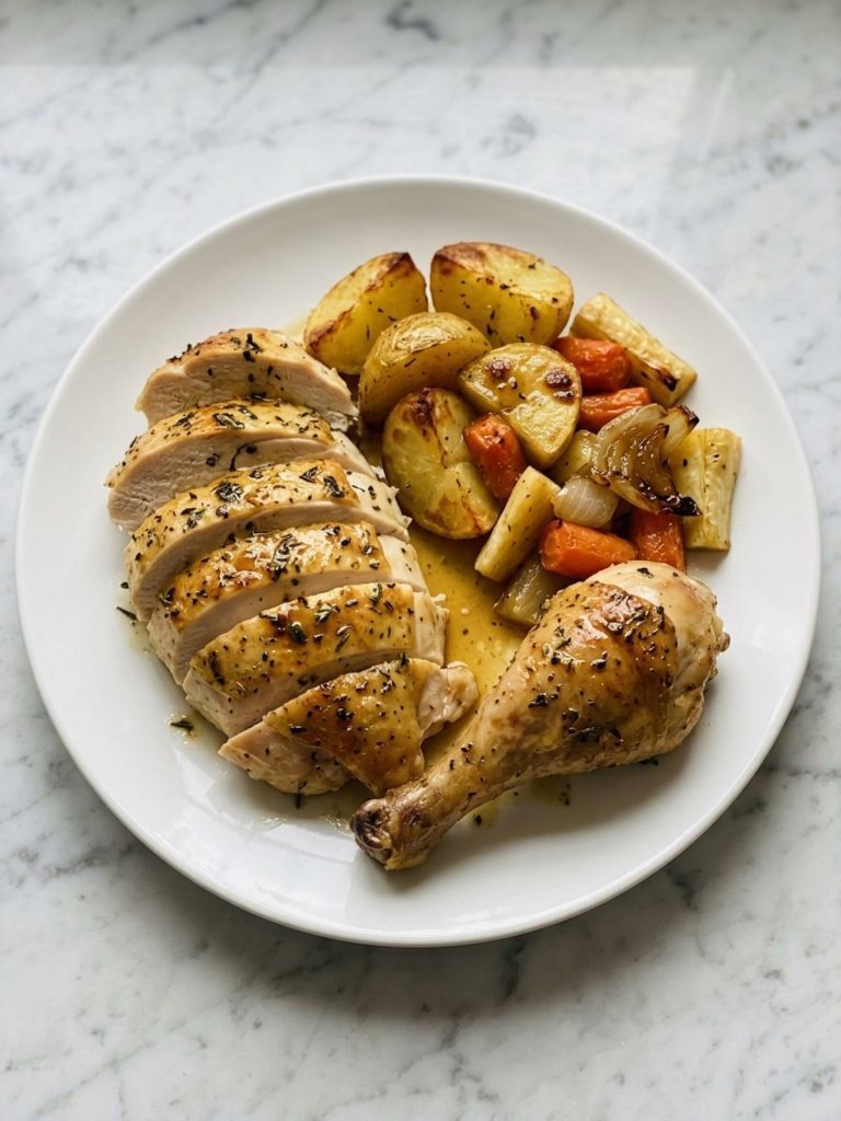 Sliced roast chicken breast and a leg served with roasted potatoes, carrots and parsnips