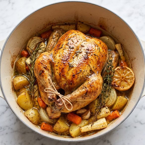 A golden whole roast chicken in a Dutch oven on a bed of potatoes, carrots, parsnips and onions