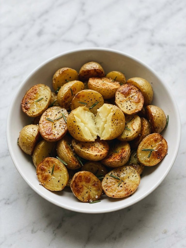 A bowl of roasted halved baby potatoes with crisp golden cut sides