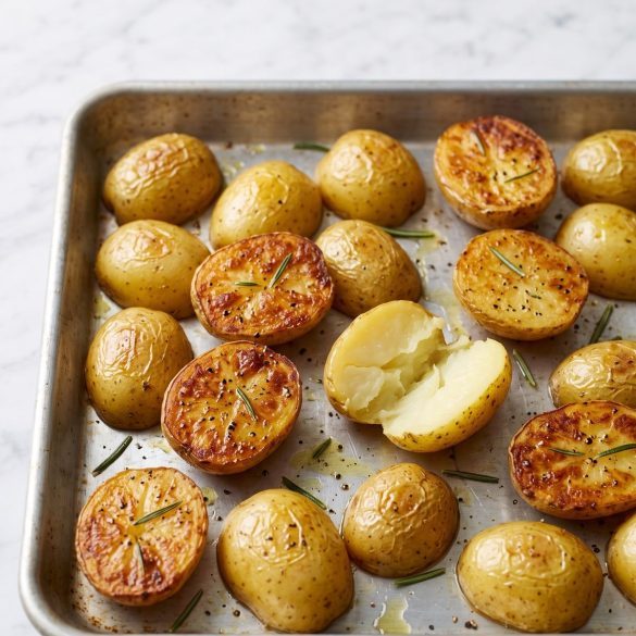 Halved roasted baby yellow potatoes with golden brown cut sides on a sheet pan
