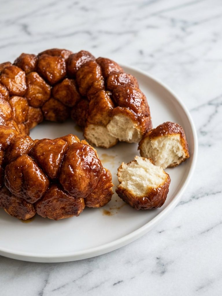 Close view of sticky caramel-coated monkey bread pieces, one pulled apart to show the soft inside