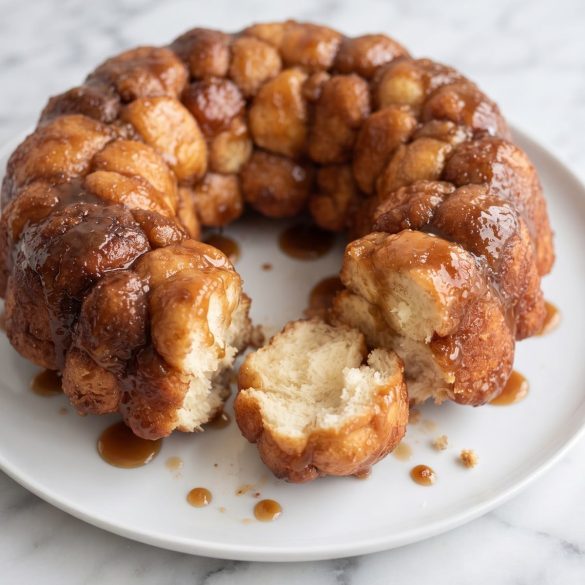 A ring of pull-apart monkey bread glazed with sticky brown sugar caramel on a white plate