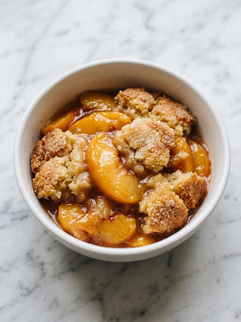 A full bowl of peach cobbler with soft peach slices, syrup and golden crumb topping