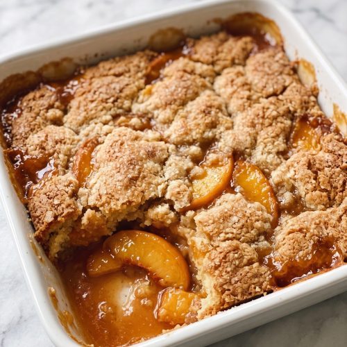 A square baking dish of peach cobbler with a golden sugary crust, one scoop taken out