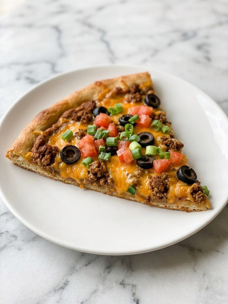 A slice of taco pizza with beef, cheddar, olives, tomatoes and green onions on a white plate