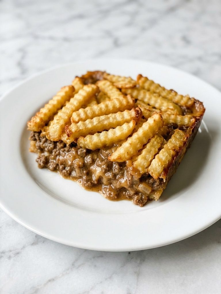 A serving of french fry casserole with crinkle-cut fries over creamy ground beef