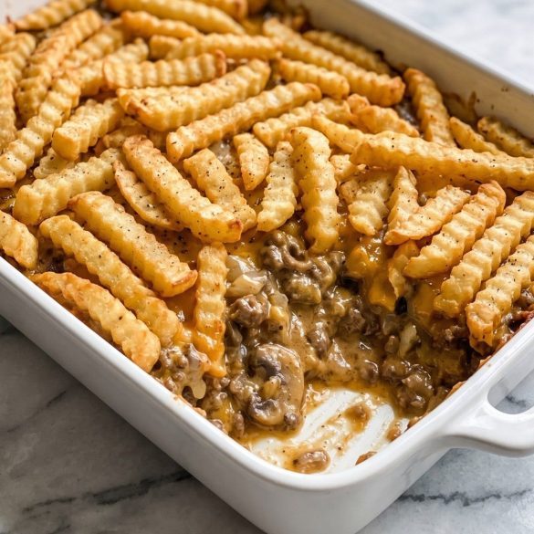 A 13x9 dish of french fry casserole with golden crinkle-cut fries over a creamy ground beef and cheese sauce, one corner scooped out
