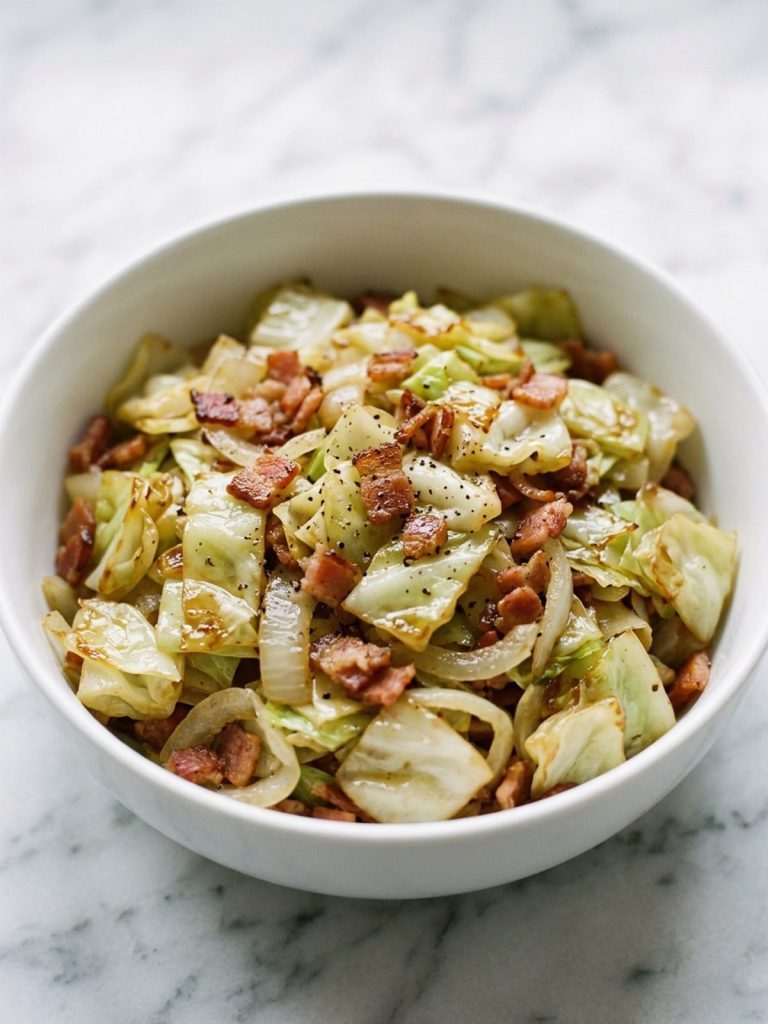 A white bowl of tender fried cabbage with crisp bacon pieces