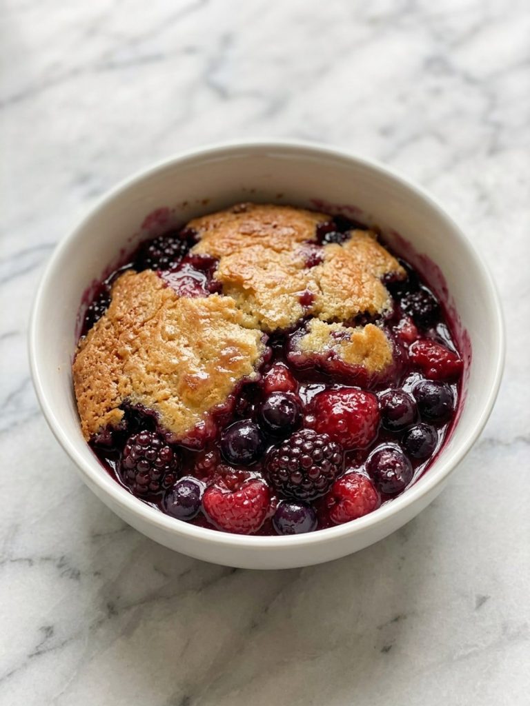 A bowl of warm mixed berry cobbler with soft golden cake topping