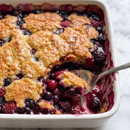 A baking dish of mixed berry cobbler with a golden cake topping and bubbling purple berry juices